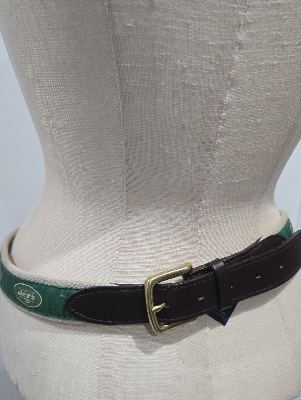 Vineyard Vines Green Fabric Belt with Brown Leather & Brass Buckle Size 34